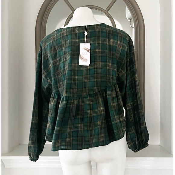Chelsea & Violet Plaid Peplum Cropped Top in Olive, Size XS New w/Tag - Picture 5 of 8